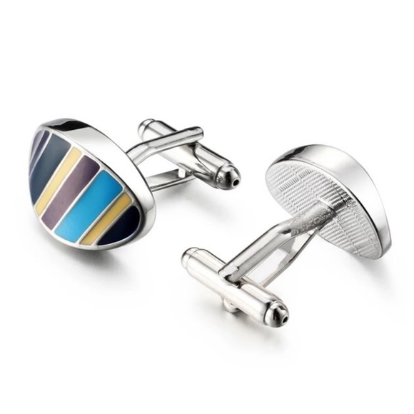 Oval Navy, Blue, Silver and Yellow Stripe Cufflinks - Picture 2 of 16